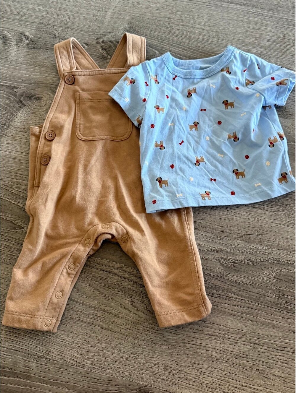 Joe Fresh, Tan Overalls & T-Shirt Set, Dogs, 3-6 months